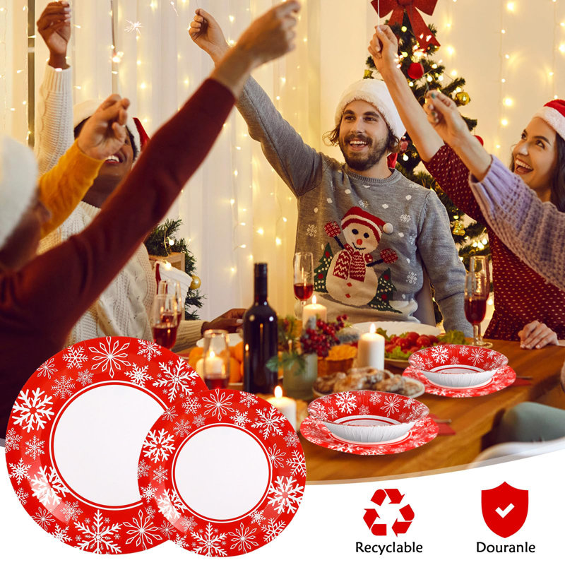 Dinnerware Set Heavy Duty Christmas Paper Plates Snowflake White