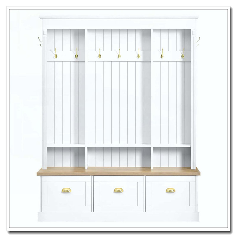 Elegant APP Controlled LED Light Hall Tree with 9 Hooks, Roman Column Design Natural Storage Bench with 3 Large Cabinets