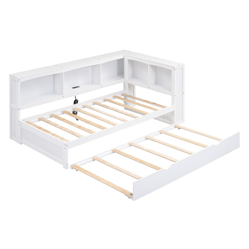 Lit de jour simple avec couchette, armoires de rangement et ports USB, blanc