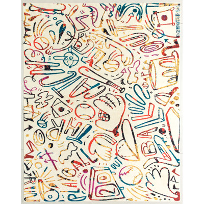 Sportsglyphs II by Katie Merz Dugout Chalk Ivory Baseball Machine Washable Area Rug