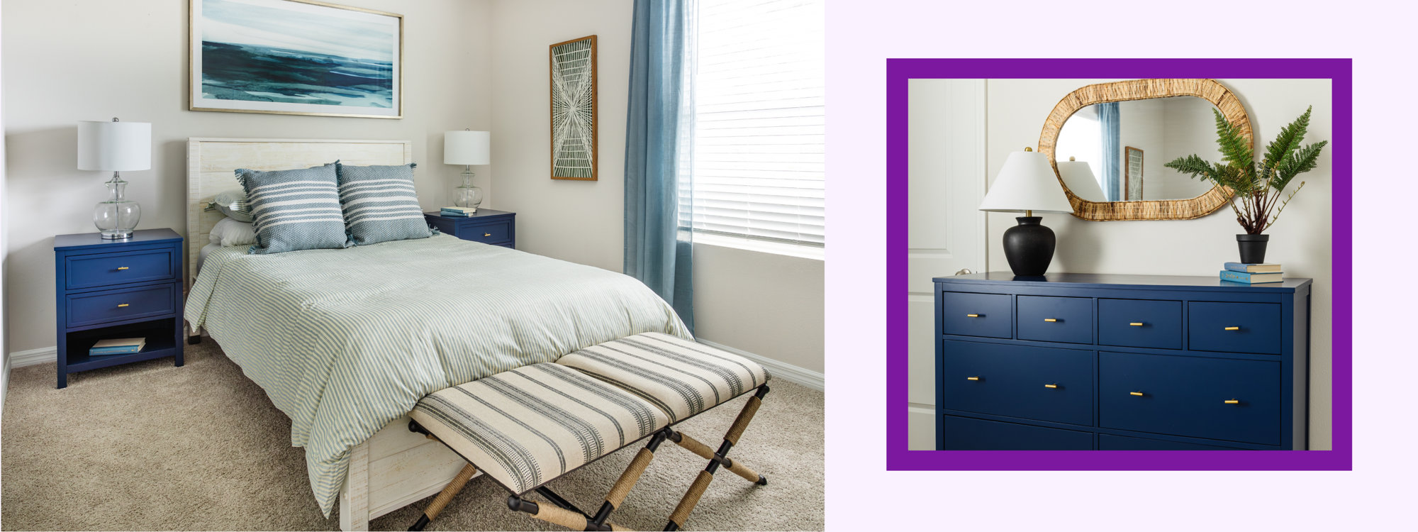 Bedroom featuring a bed with blue-and-white striped pillows and comforter, two blue nightstands, and wall art.
