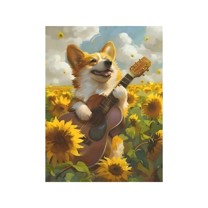 «Sunflower & Funny Corgi», peinture sur toile sans cadre 12 po x 16 po