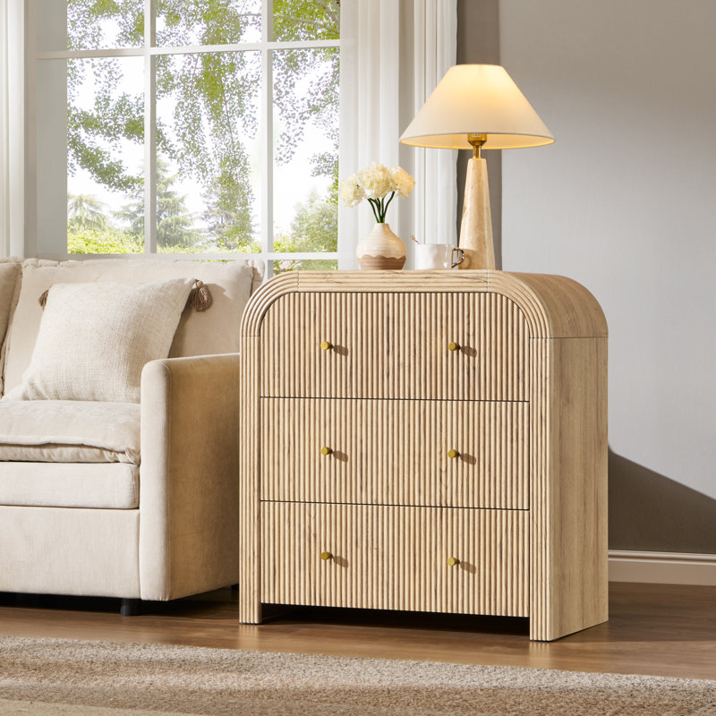 Fluted Panel 3-drawer Dresser Bedroom Storage Organizer With Metal Handles, Tan
