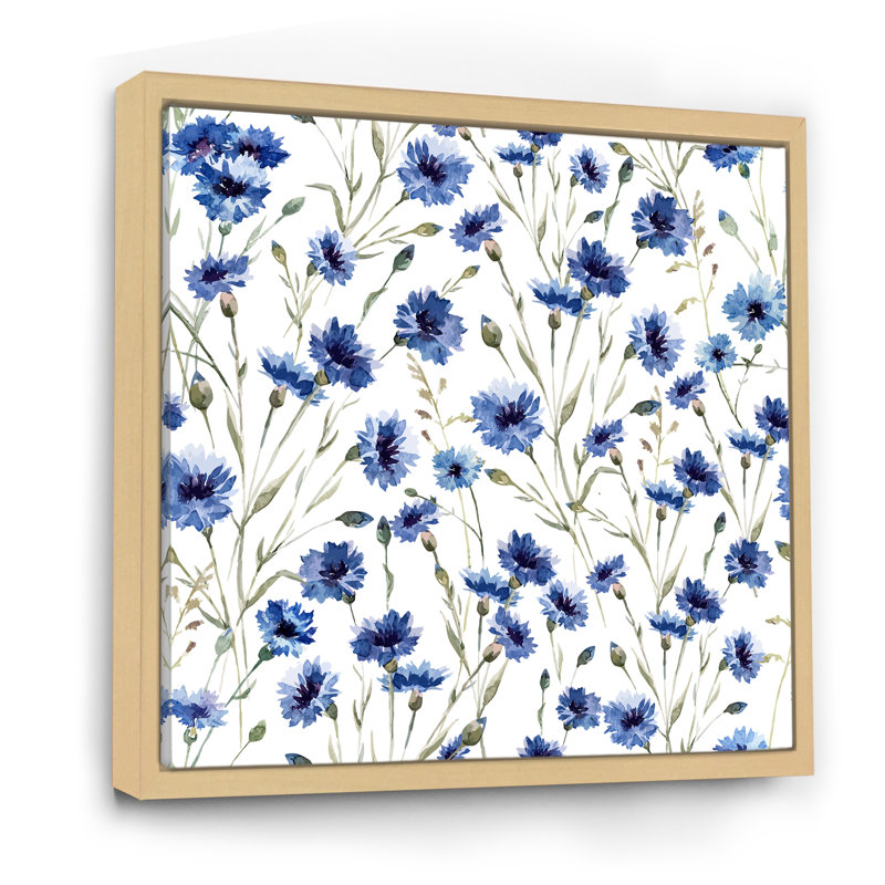 Fleurs bleues sur fond blanc - reproduction d'art sur toile à motifs, Cadre flottant en érable, H 16 po x l 16 po x P 1 po