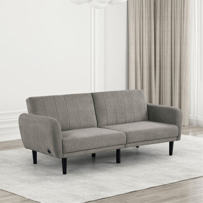 Contemporary Converts To Bed Gray 1Pc Futon Sofa Channeled Tufted Back Soft Track Arm Couch W USB