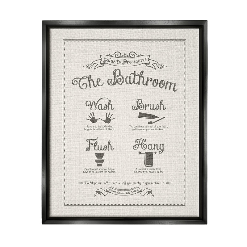 Art mural sur toile Guide to Bathroom Procures Linen, Cadre flottant noir de jais, H 21 po x l 17 po x P 1,7 po