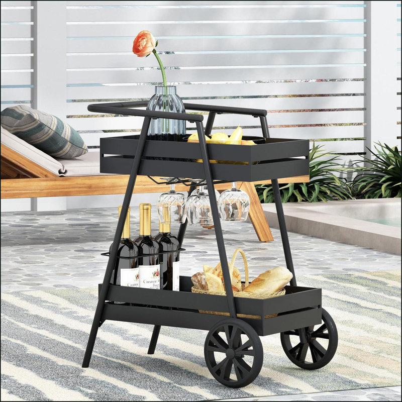 Chariot-bar, fer industriel moderne avec porte-bouteilles | Mobile | Noir | Fer