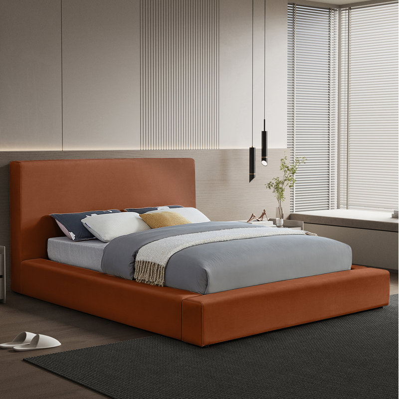 Ishia Upholstered Platform Bed, King, Cognac Velvet
