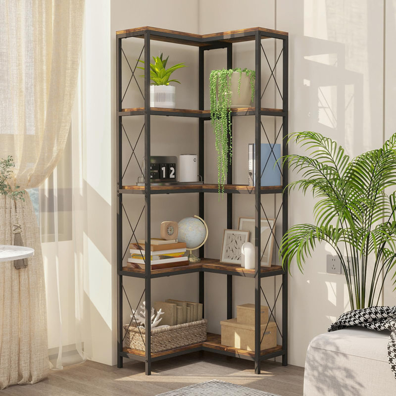 5 Tier Corner Bookshelf With Rgb Light, Wooden Storage Rack, Display Shelf Bookcase, Brown