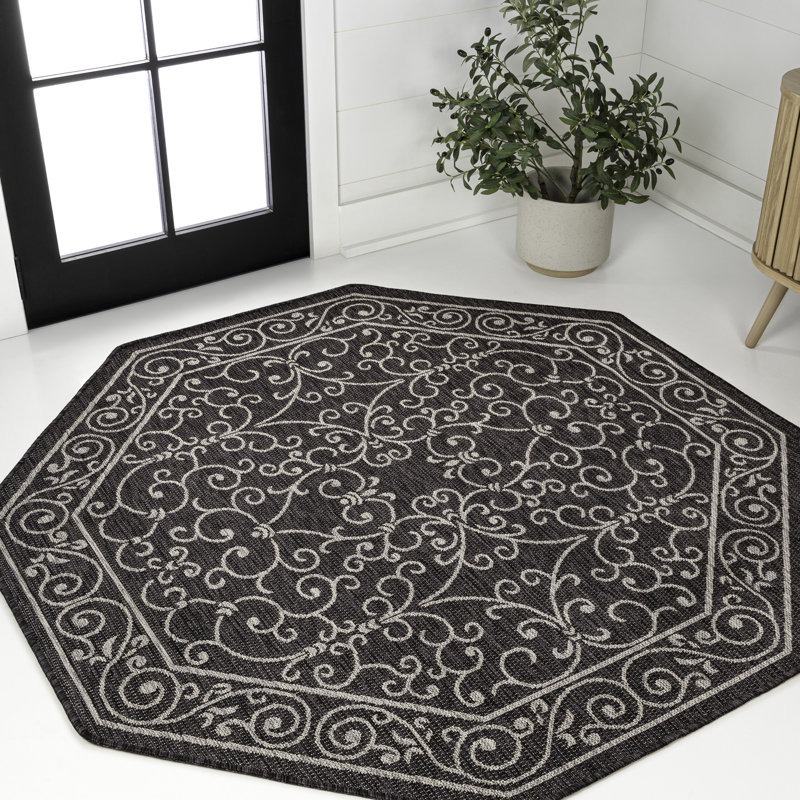 Hagerman Vintage Filigree Textured Weave Black/Gray Indoor/Outdoor Rug, Octagon 5'3"