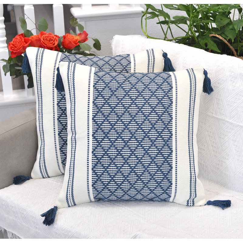 Woven Pillow Covers With Tassels, Geometric Pattern Pillowcases For Outdoor / Indoor (Set of 2), Blue, 20" x 20"