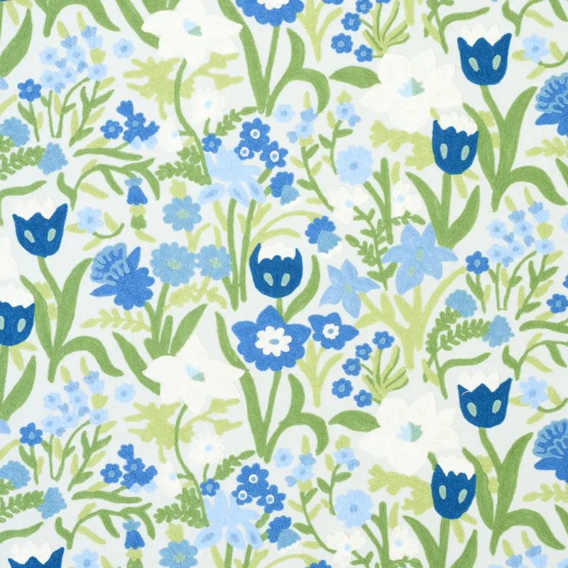 Crewel Garden Fabric, Blue/ Medium Blue/ White