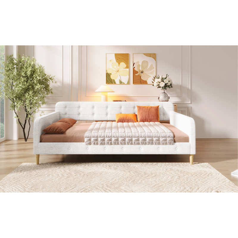 Beige Upholstered Daybed, Queen Size, 4 Legs, Pine And Frame, Functional For Living Room, No Box Spring Needed Size With Linen, Support Solid Versatile Home, Easy Assembly