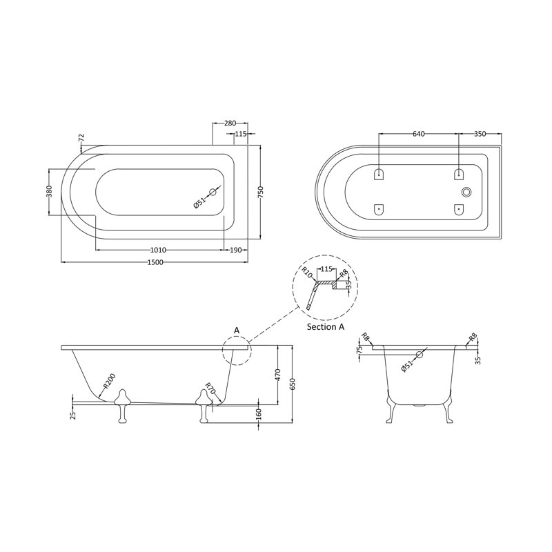 Winterburn x 75mm Freestanding Soaking Acrylic Bathtub, 150cm H x 750 cm W x 650 cm H