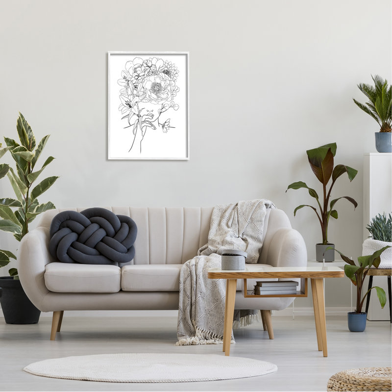 Dessin au trait, bouquet floral botanique sur le visage d'une personne, L 24 po x H 24 po, Giclée encadrée blanc bord de mer