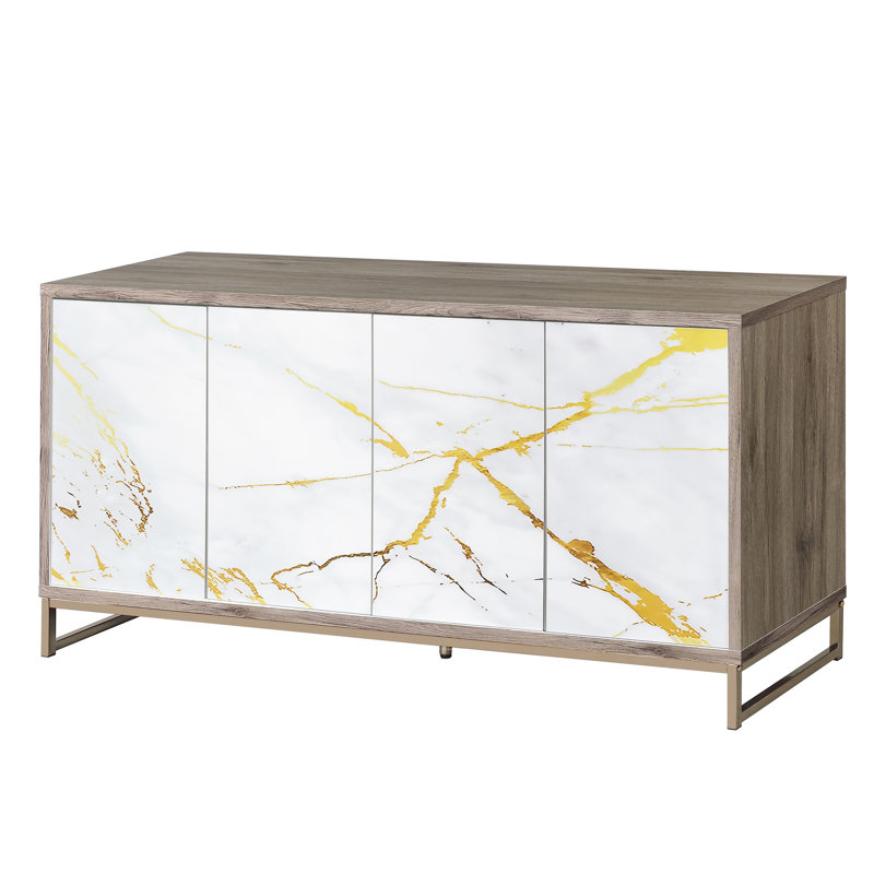 Élégant meuble de rangement en marbre blanc avec fonctionnalité - chêne et champagne