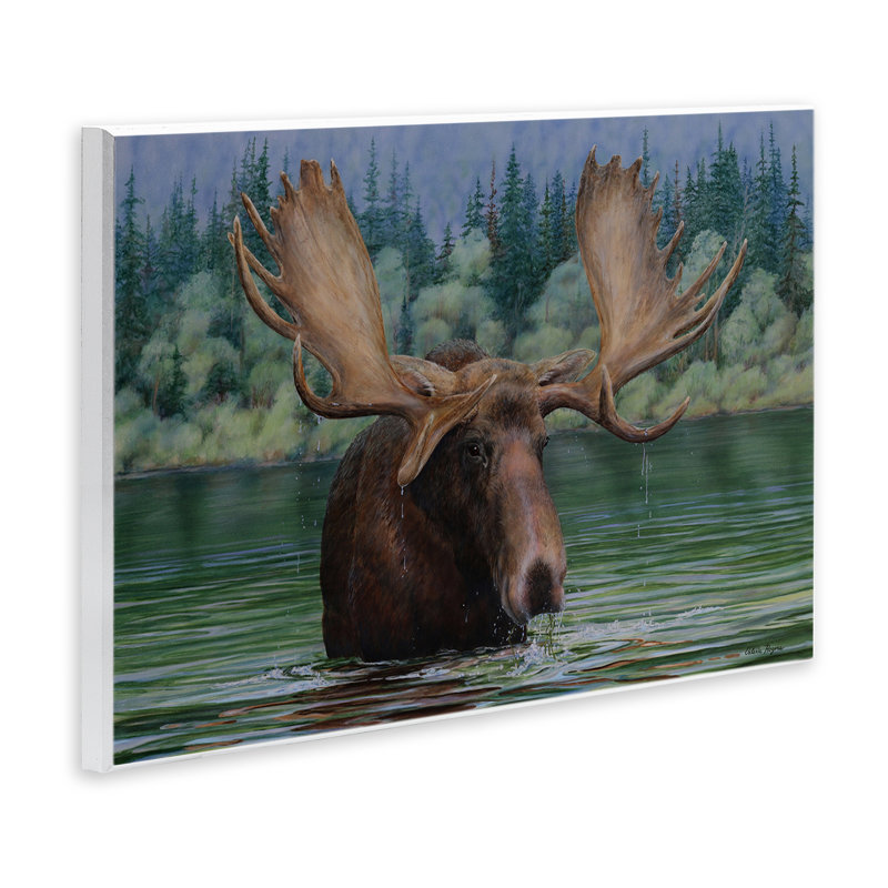  Orignal nageant dans le lac, art mural sur bois par Valerie Rogers, H 10 po x l 15 po
