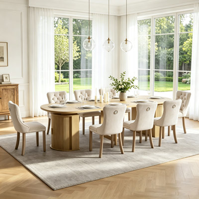 Ensemble de table de salle à manger extensible de 47 à 118 po avec base de rangement, plateau de table ovale extensible, coin sécuritaire, 6 à 10 sièges, chaises rembourrées en velours, ensemble de table de cuisine rectangulaire moderne en bois pour la salle à manger
