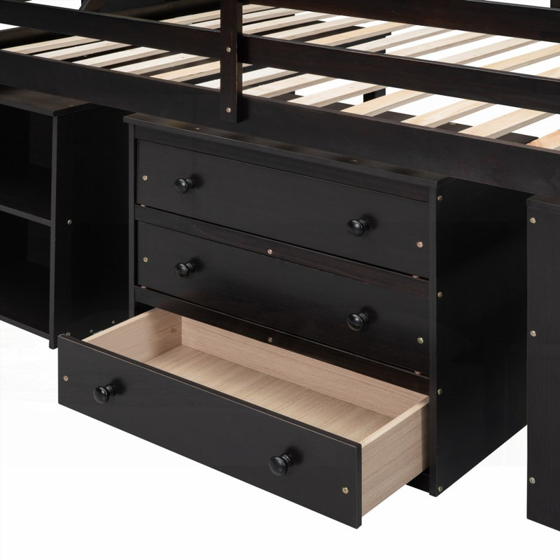 Lit mezzanine double avec 3 tiroirs Bureau d'écriture rétractable, fabrication en bois, L 93,8 po x l 57,5 po x H 43,8 po