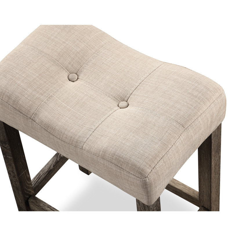 2 tabourets de hauteur comptoir en taupe, bouton avec rembourrage de siège et repose-pieds, 2 tabourets avec structure en bois massif, repose-pieds profilés taupe, bois d'hévéa