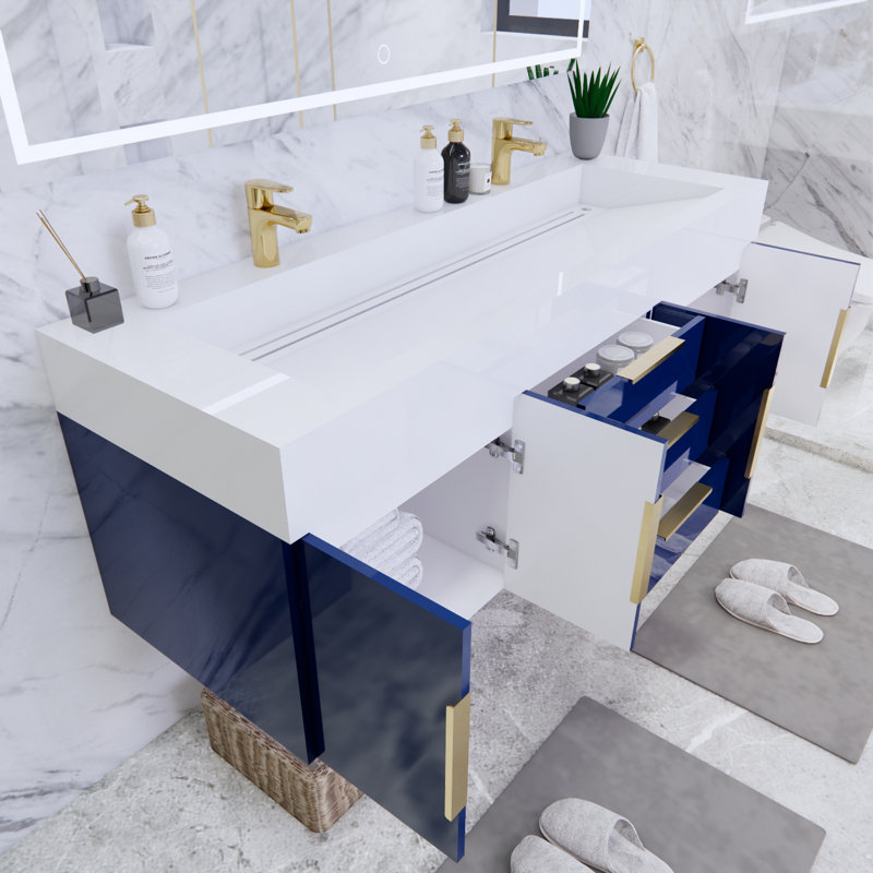 Glasgow 59'' Double Bathroom Vanity with Acrylic Top, High Gloss Night Blue, White