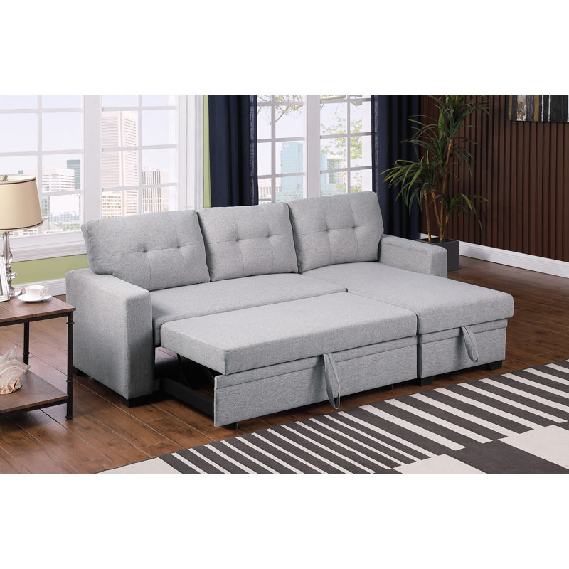 Upholstered Pull Out Sectional Sofa With Chaise, Light Gray Linen