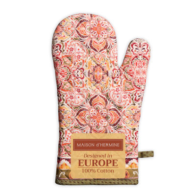 Maison d' Hermine Oven Gloves 100% Cotton Oven Mitt 7" x 13" with Loop Heat Resistant BBQ Cooking Gloves for Thanksgiving Christmas Decorations Baking Handling Hot Pans (Pack of 1, Damask)