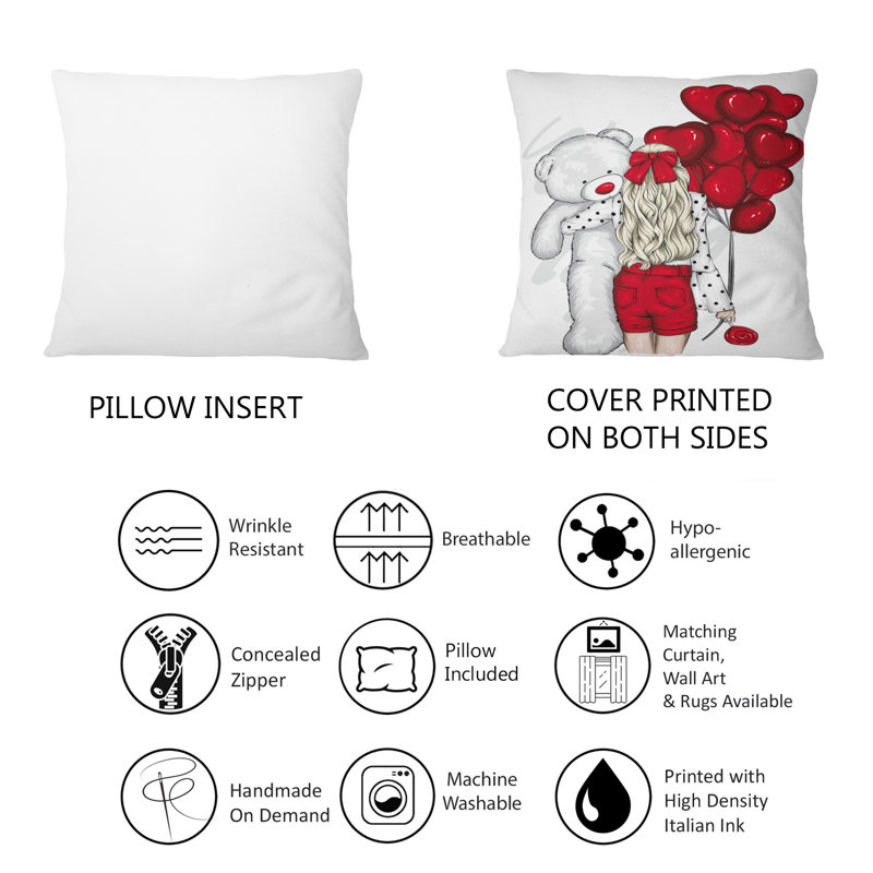 Fille avec les cheveux longs et les ballons en forme de cœur rouge - Coussin décoratif imprimé moderne