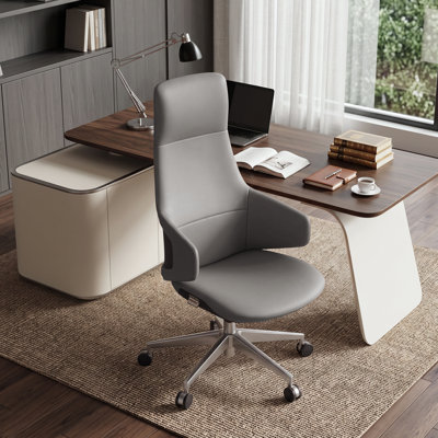 Fauteuil de direction en cuir véritable, fauteuil de bureau inclinable, base en aluminium, hauteur et profondeur d'assise réglables, accoudoirs larges (gris)