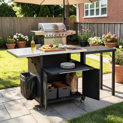 Chariot pour îlot de cuisine extérieur avec table d'appoint pliable, armoire de rangement, station de préparation sur roulettes