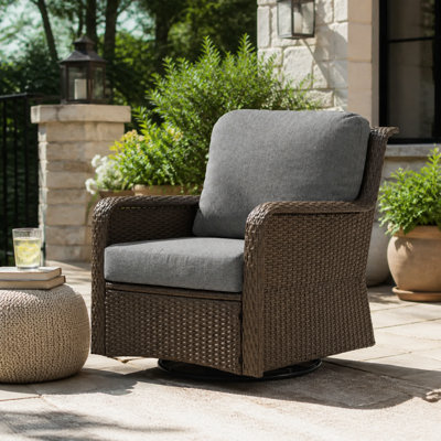 Outdoor Swivel Wicker Lounge Chair with Thicked Gray Cushions and Iron Frame