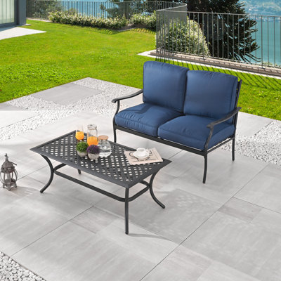 2-Piece Outdoor Metal Loveseat And Coffee Table Patio Chat Set
