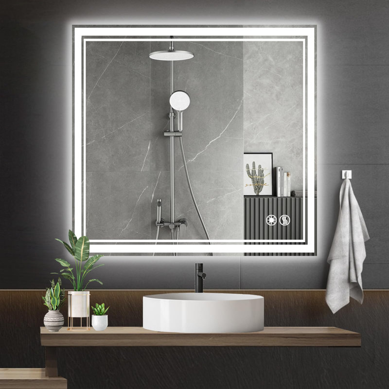 Miroir de salle de bain avec lumières DEL à intensité variable 3 couleurs de miroir de salle de bain, 32 po x 32 po, Carrée