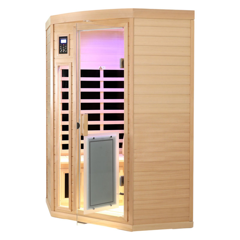 KISRAIS Indoor Corner Sauna, 2-Person Low EMF FAR Infrared Sauna With 2 LED Reading Lights, 3 Chromotherapy Lights, 1 Exterior Light & Bluetooth Speakers | Personal Indoor Dry Heat Sauna For Home & Gym – Made From Canadian Hemlock