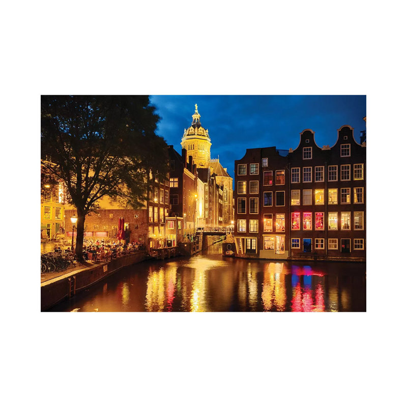 Night In Amsredam With Illuminated Buildings, Netherlands by George Oze - Wrapped Canvas Painting