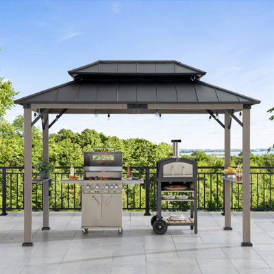 Sunjoy Wooden Grill Gazebo, 9.5 x 11.8 ft. Steel Hardtop Outdoor Gazebo for Year-Round Grilling, 2 Full Size Grills, Griddles or Smokers - Cook Station, Barbeque, Built-in Electrical Outlets