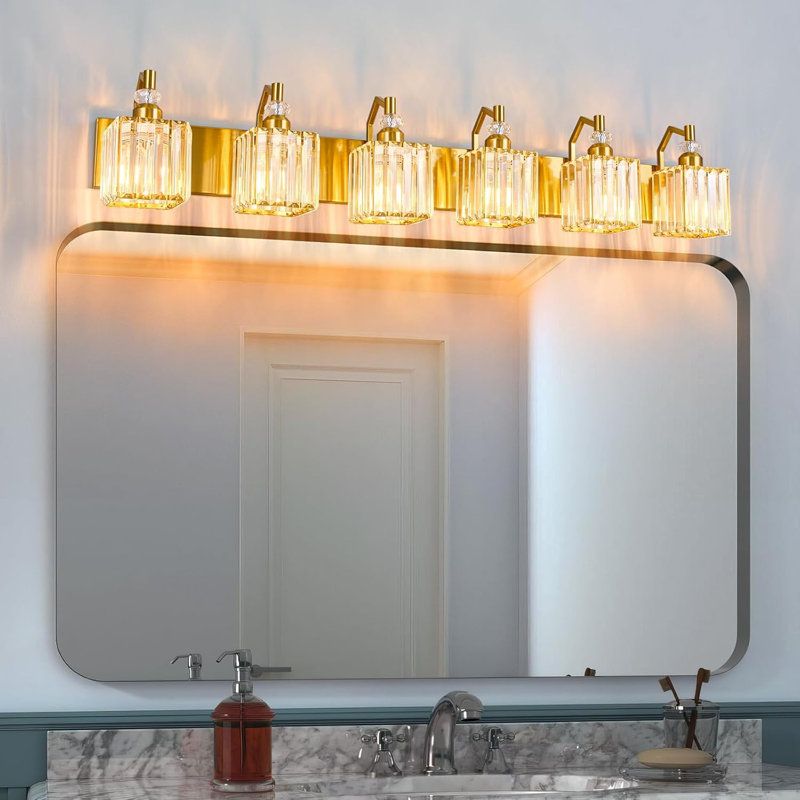 Luminaire de salle de bain moderne à 6 lumières avec abat-jour en cristal pour un éclairage de miroir élégant, Doré, Carrée