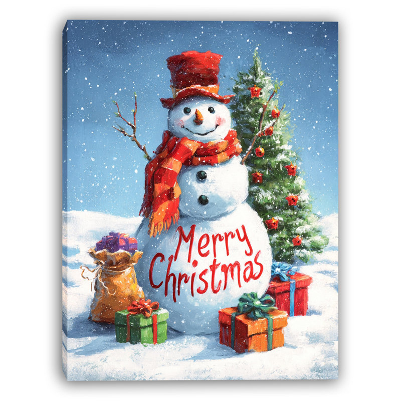 Cheerful Snowman Greeting Wrapped Canvas Wall Art
