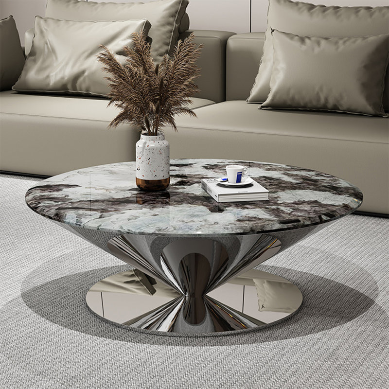 Table basse ronde en acier inoxydable de luxe en pierre, H 13,8 po x L 35,4 po x l 35,4 po