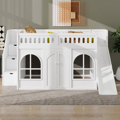 Lit mezzanine avec glissade, escalier de rangement et garde-robe, lit mezzanine en bois avec portes arquées, garde-corps
