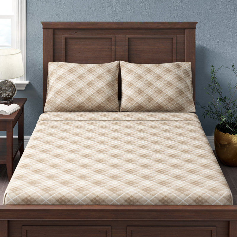 Cozy Flannel 100% Cotton Sheet Set, Twin Sheet Set with 1 Pillowcases, Tan Plaid