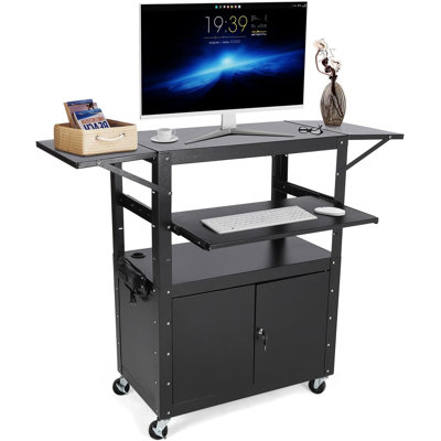 Height Adjustable Rolling AV Cart with Locking Cabinet