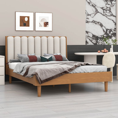 Wood Bed With Piano Key Style Upholstered Headboard & Reinforced Frame
