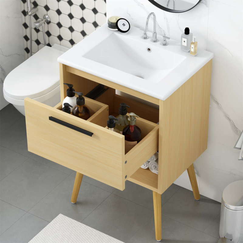 Meuble-lavabo moderne de 24 po avec lavabo, panneau de fibres à densité moyenne, tiroir et lavabo en céramique pour un rangement efficace