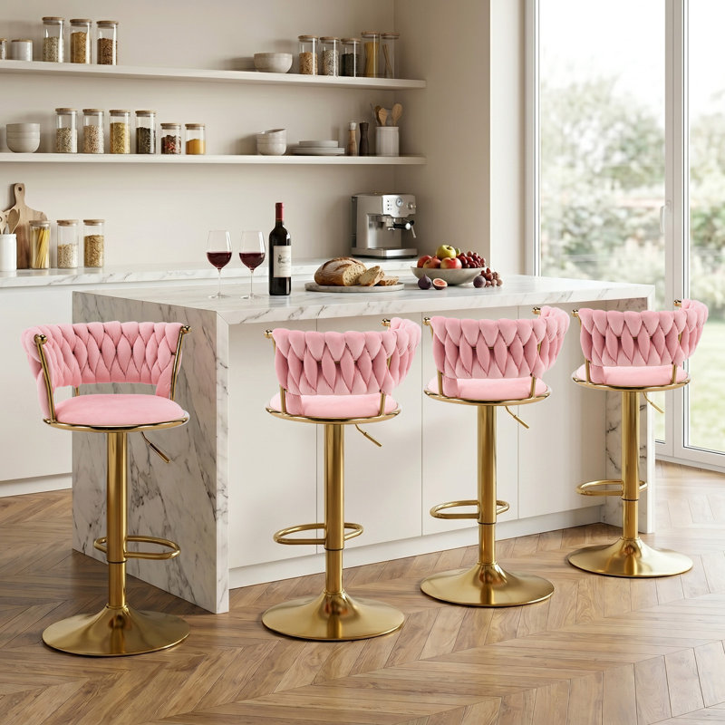 Pink Velvet Swivel Bar Stool Set of 4, Modern Adjustable Height Barstools with Golden Metal Base for Kitchen Island, 4, Pink