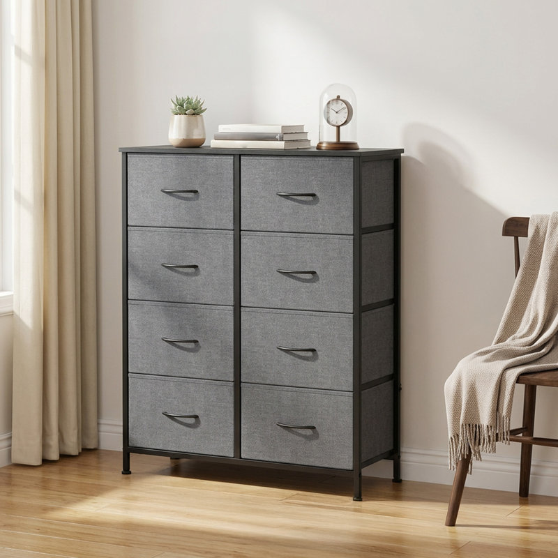 Chest Of Drawers, 8 Fabric Drawers Storage Unit, Steel, MDF, Non-Woven Fabric, For Bedroom, Closet, Hallway, Living Room, Ink Black