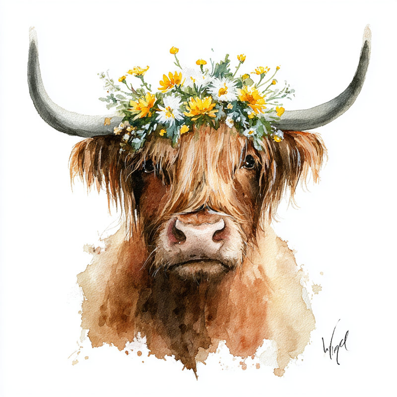 «Floral Crown Highland Cow», art mural sur toile tendue, 20"W x 20"H x 1.5"D