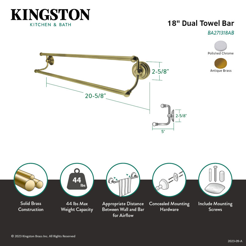 Kingston Brass Milano 24-Inch Dual Towel Bar, Polished Chrome, 4.75'' H x 20.63'' L x 5'' D