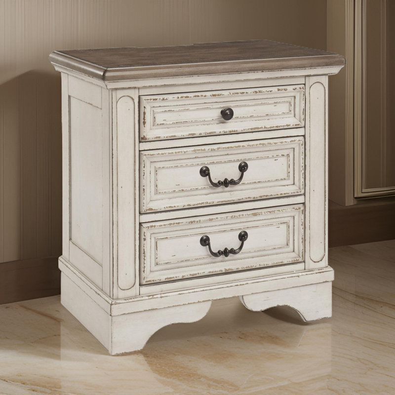 Chipped White & Distressed Wood 3-Drawer Nightstand with USB Ports