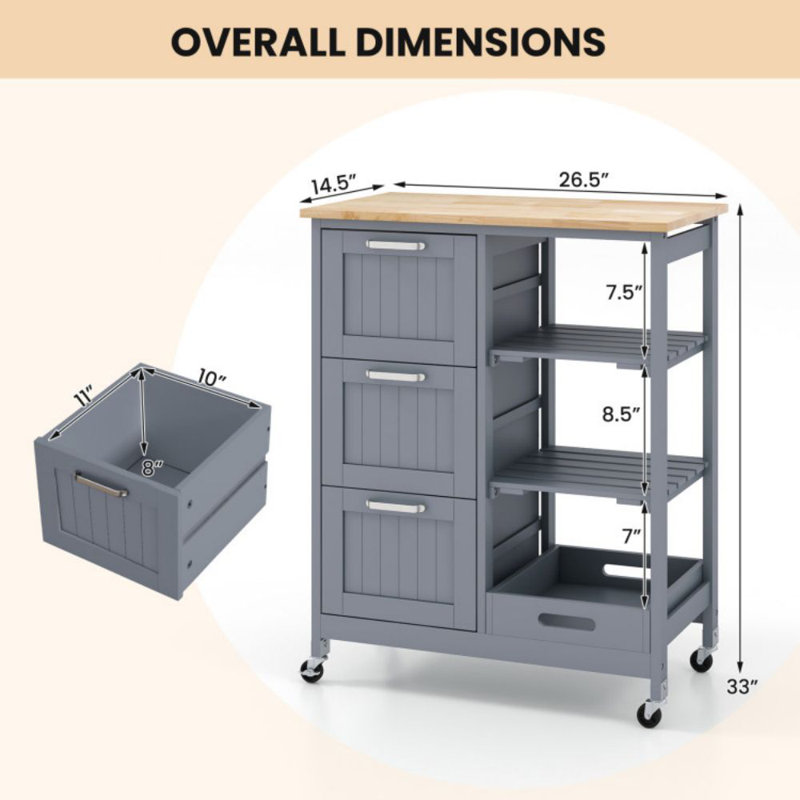 Chariot de rangement roulant pour îlot de cuisine avec 3 grands tiroirs